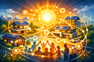 BCO.19091487-764d-4a58-a4df-36fb9e162eff Solar-powered neighborhood: sunny central orb connects houses, solar panels, wind turbines, and smart energy icons in a celebratory community scene