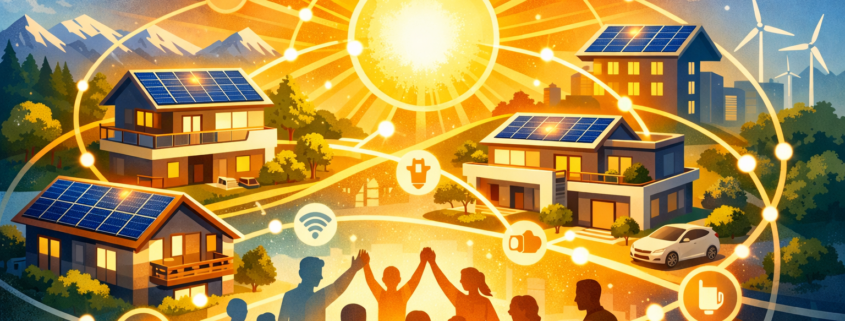 Solar-powered neighborhood: sunny central orb connects houses, solar panels, wind turbines, and smart energy icons in a celebratory community scene