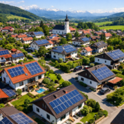 Aerial view of a sunny village with solar panels on many rooftops, green yards, and a distant mountain range with snow-capped peaks.