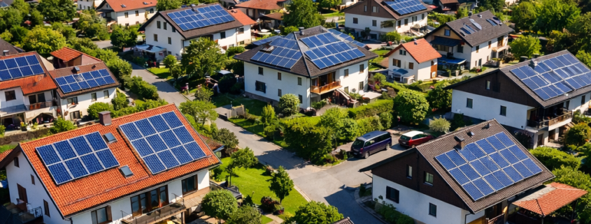 Aerial view of a sunny village with solar panels on many rooftops, green yards, and a distant mountain range with snow-capped peaks.